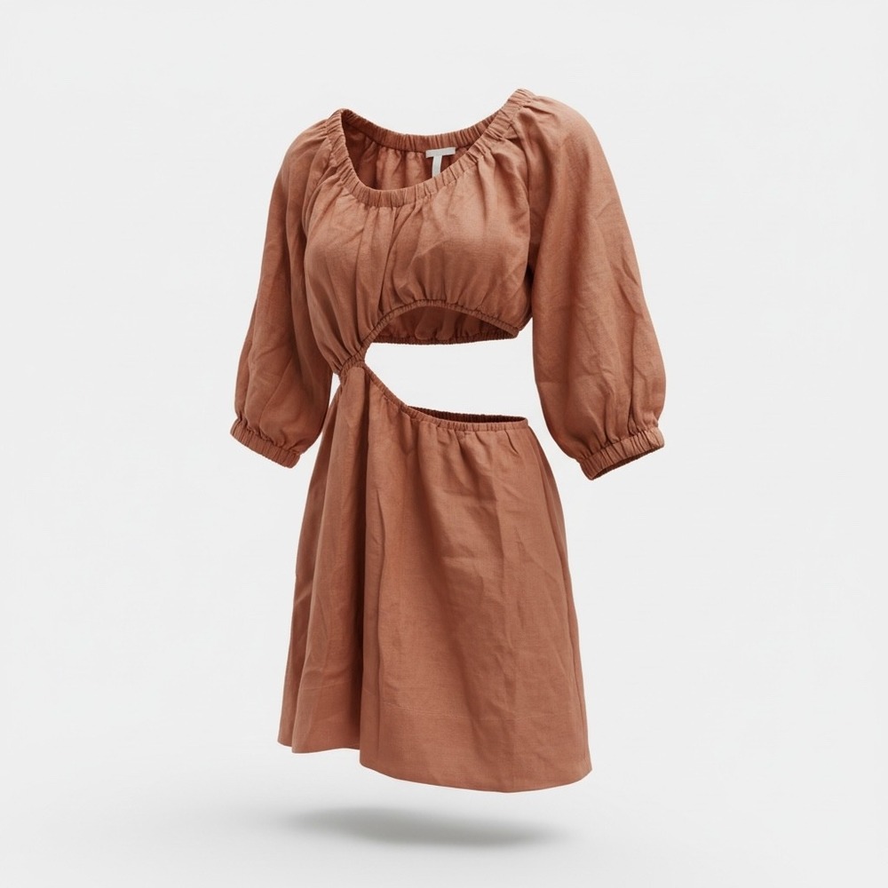 #B37 SOVERE Studio Linen Cutout Dress Sz. Small Terracotta NWT Puff Sleeve